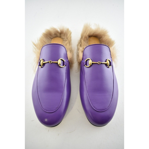 Gucci Princetown Purple Leather Beige Nude Fur Loafer Slide Mule Slipper Flat 37 - Picture 6 of 10